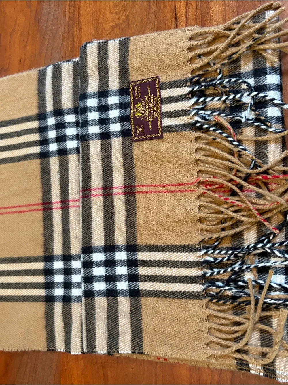 Lambswool Nova CheckTan Plaid Fringed Scarf Made in Italy